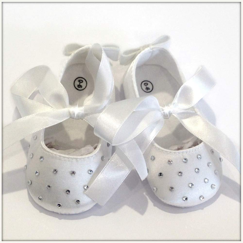 SCARPE BALLERINE NEONATA BIANCHE CLASSICHE O CON CRISTALLI STRASS SCARPINE CERIMONIA BATTESIMO REGALO NASCITA 11,5 CM BABY SHOES Brillabenny (6-12 Mesi con Strass)