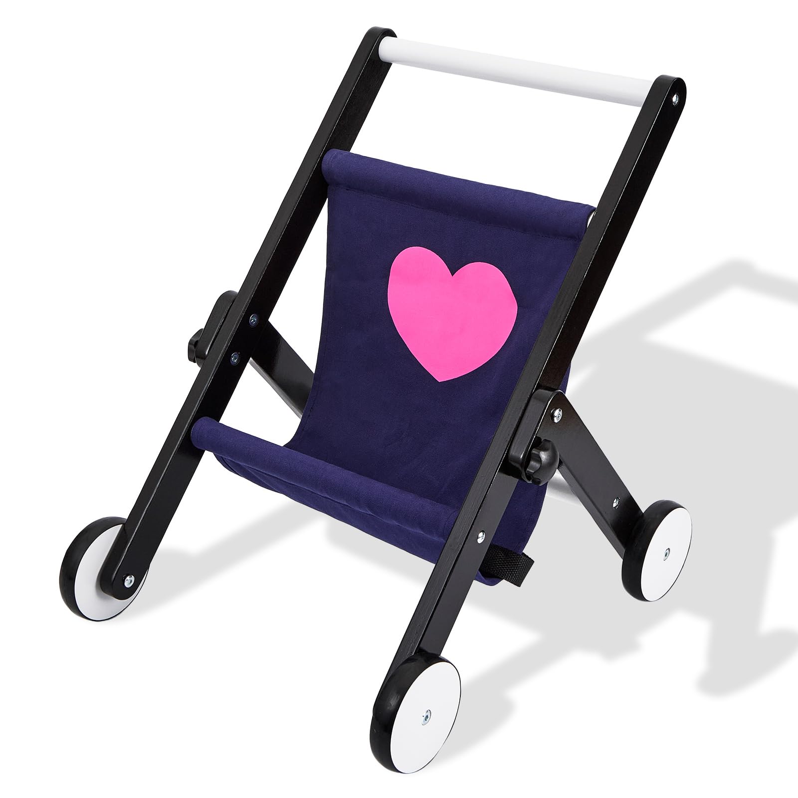 FUNLIO Wooden Doll Stroller for Toddlers 12 Months+, Sleek Black Baby Doll Strollers for Pretend Play, Rounded Corner & Stable Triangular Structure, Easy to Assemble & Fold, CPC & CE Certified
