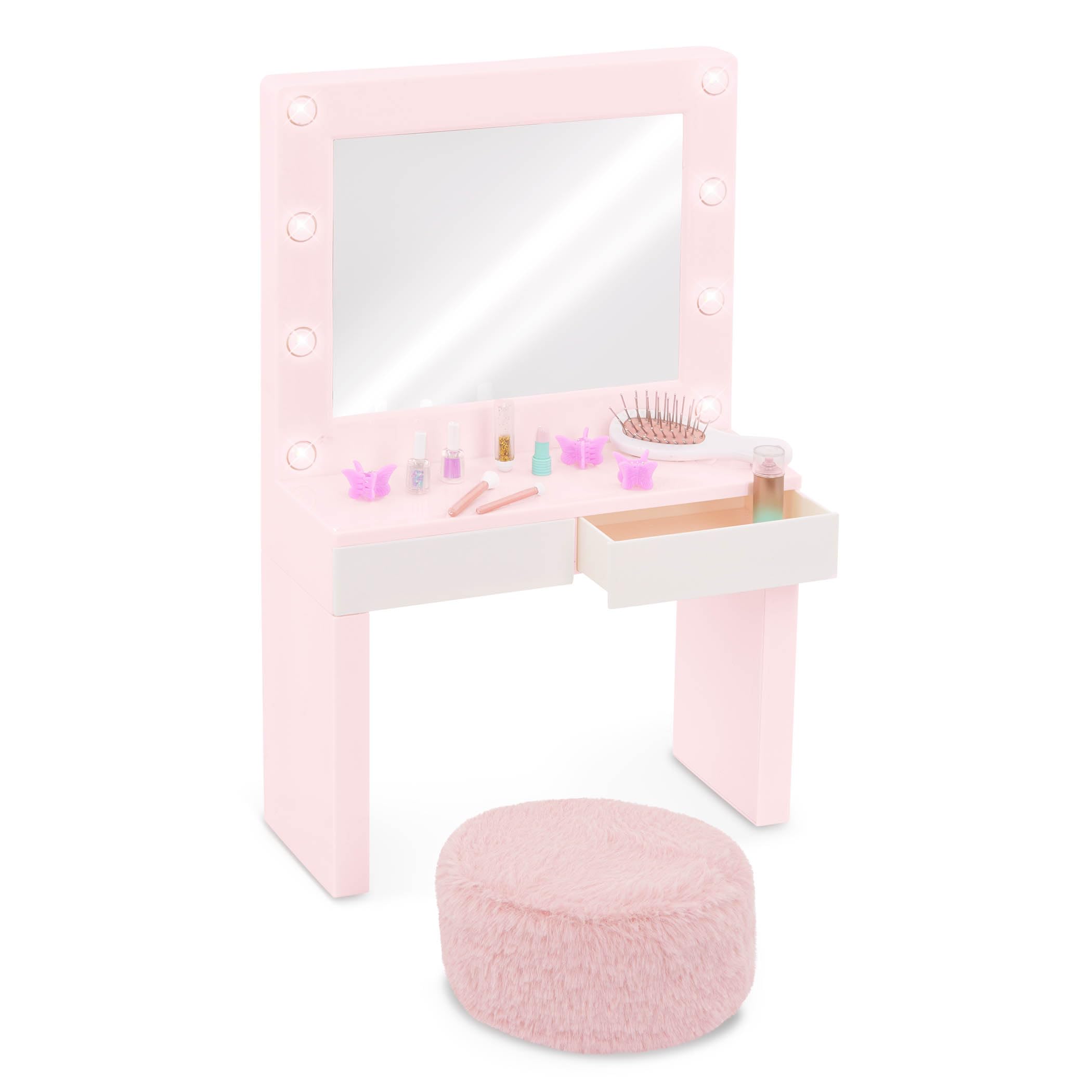 Our Generation Glam & Glow Vanità Playset - Tavolo Rosa con Specchio Luminoso - Giocattolo Trucco Bambini 3+