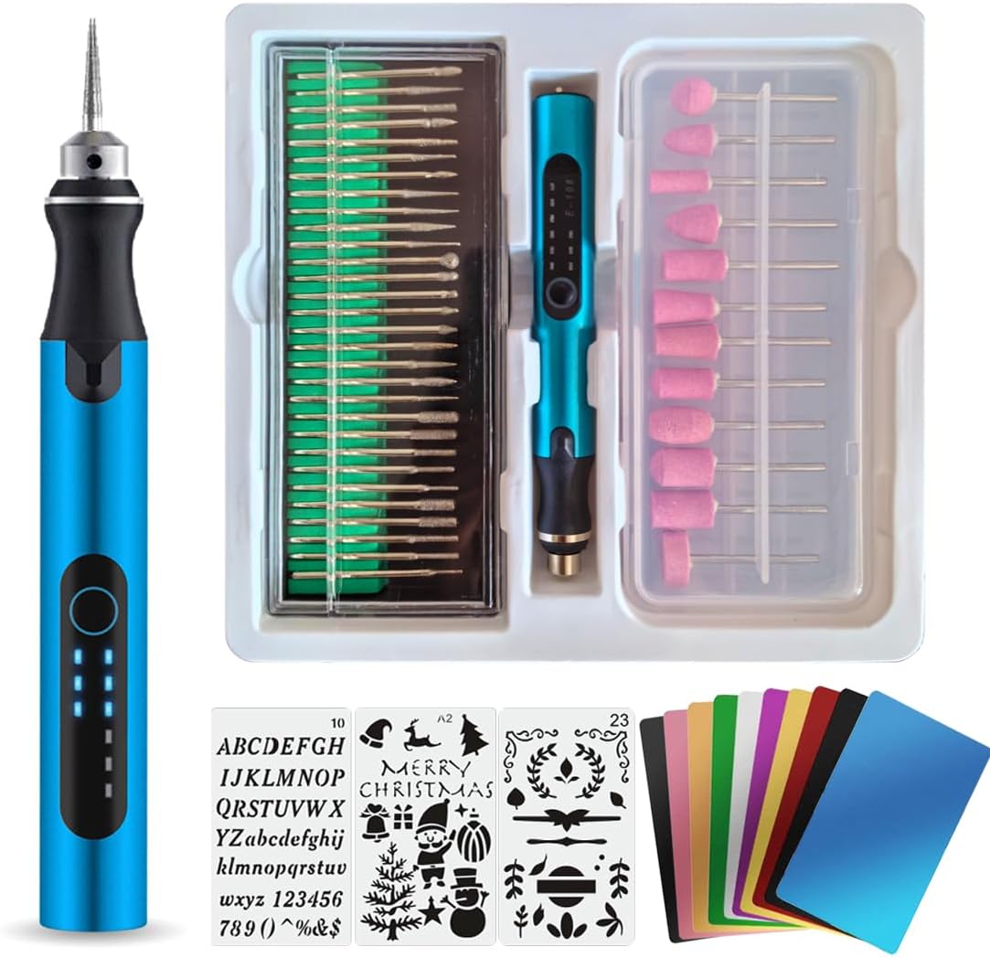 USB Engraving Pen with 47 bits,10Metal Business Card Blanks,Electric Engraver Machine Cordless Engraving Tools Engraved Jewelry Metal Resin Plastic Stone