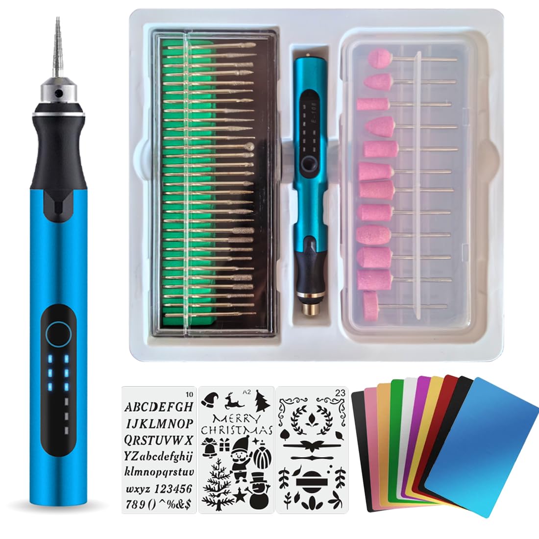 USB Engraving Pen with 47 bits,10Metal Business Card Blanks,Electric Engraver Machine Cordless Engraving Tools Engraved Jewelry Metal Resin Plastic Stone