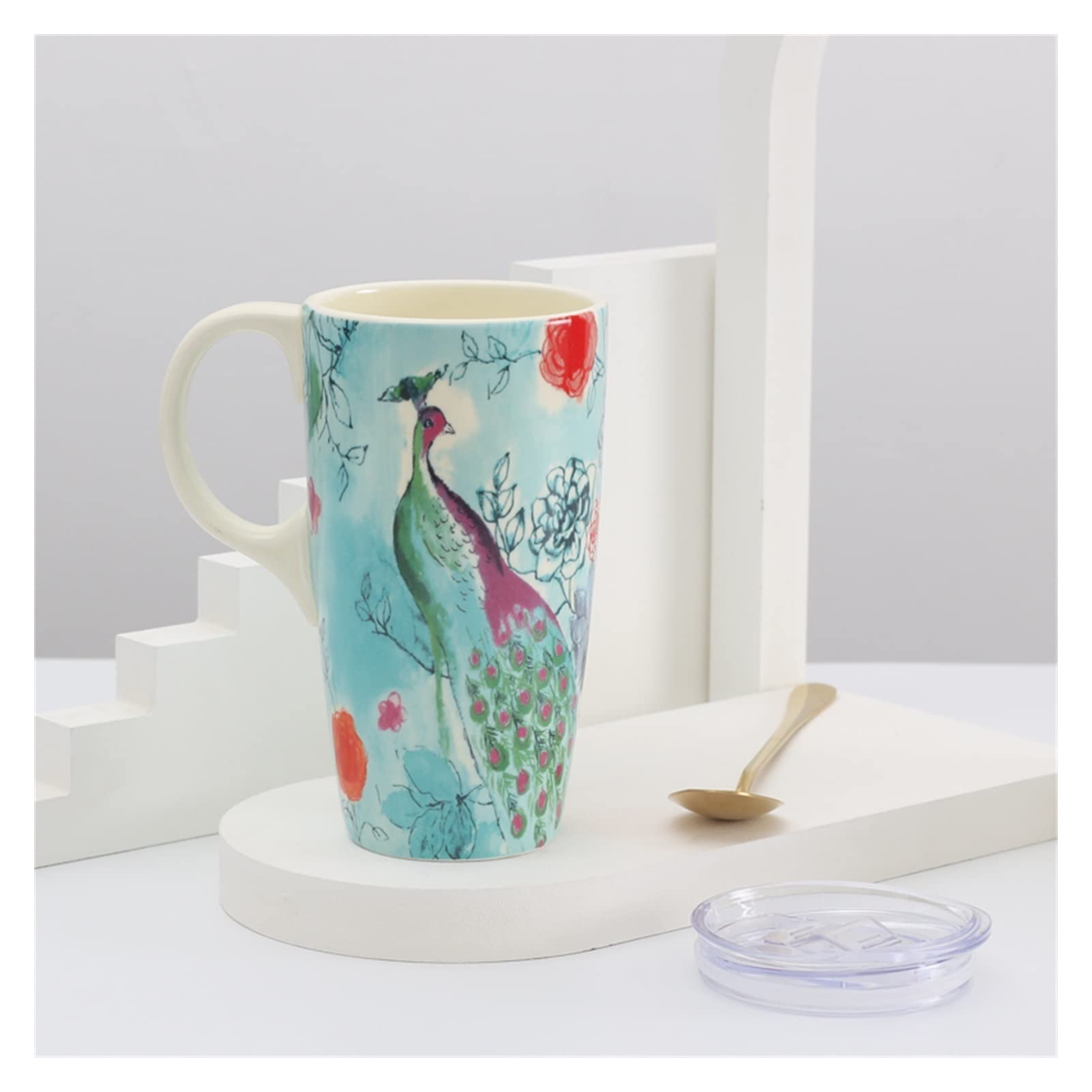 Kaffeetasse Große Kapazität Becher Keramik Reisebecher mit Deckel und Löffel Porzellan Wasser Tasse Milch Kaffee Teetassen Retro Drinkware 400ml Teetasse (Size : 401-500ml, Color : C)