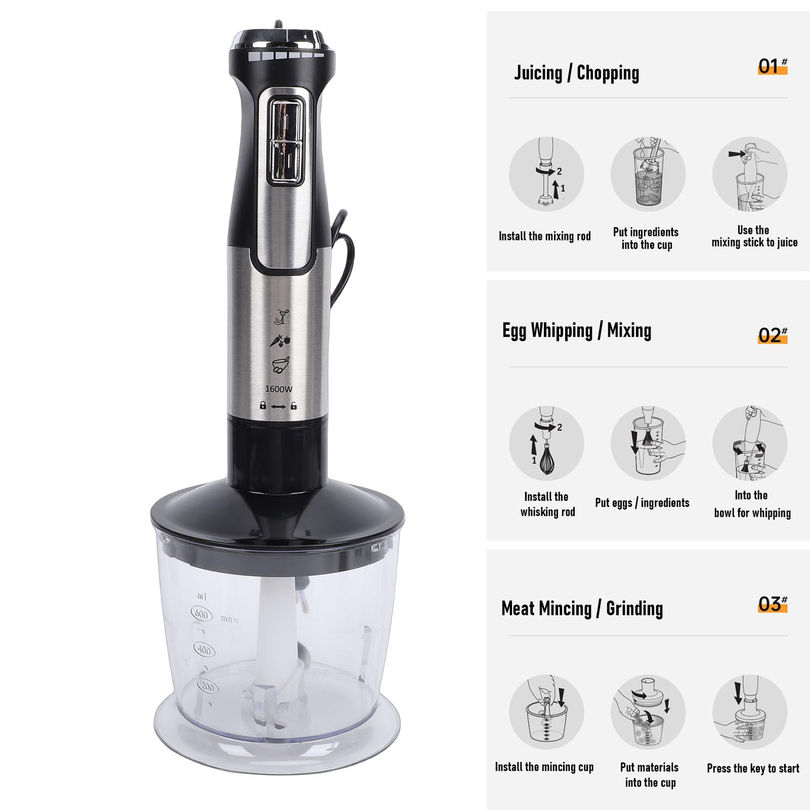 Frullatore Portatile, Miscelatore Elettrico Multifunzionale con Blocco di Sicurezza, per Cucinare in Alimenti per Bambini, Succhi, Salse, Condimenti (Spina UE 220-240 V)
