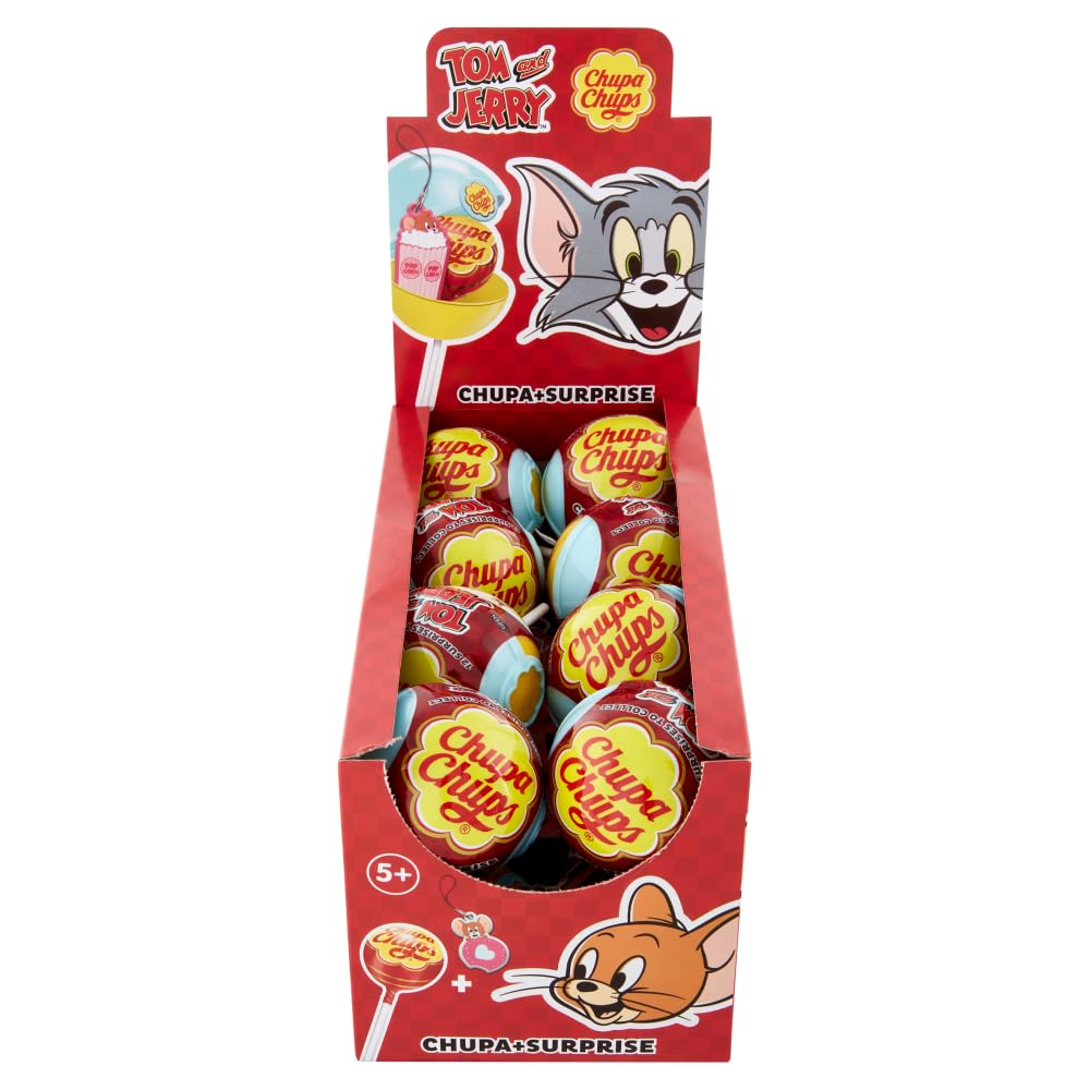 Chupa Chups Surprise Tom&Jerry, 16 Lollipop, Gusto Fragola, 10 Sorprese Tom & Jerry da Collezionare e Scambiare con i tuoi Amici Lecca Lecca Monoporzioni, Ottime come Idea Regalo