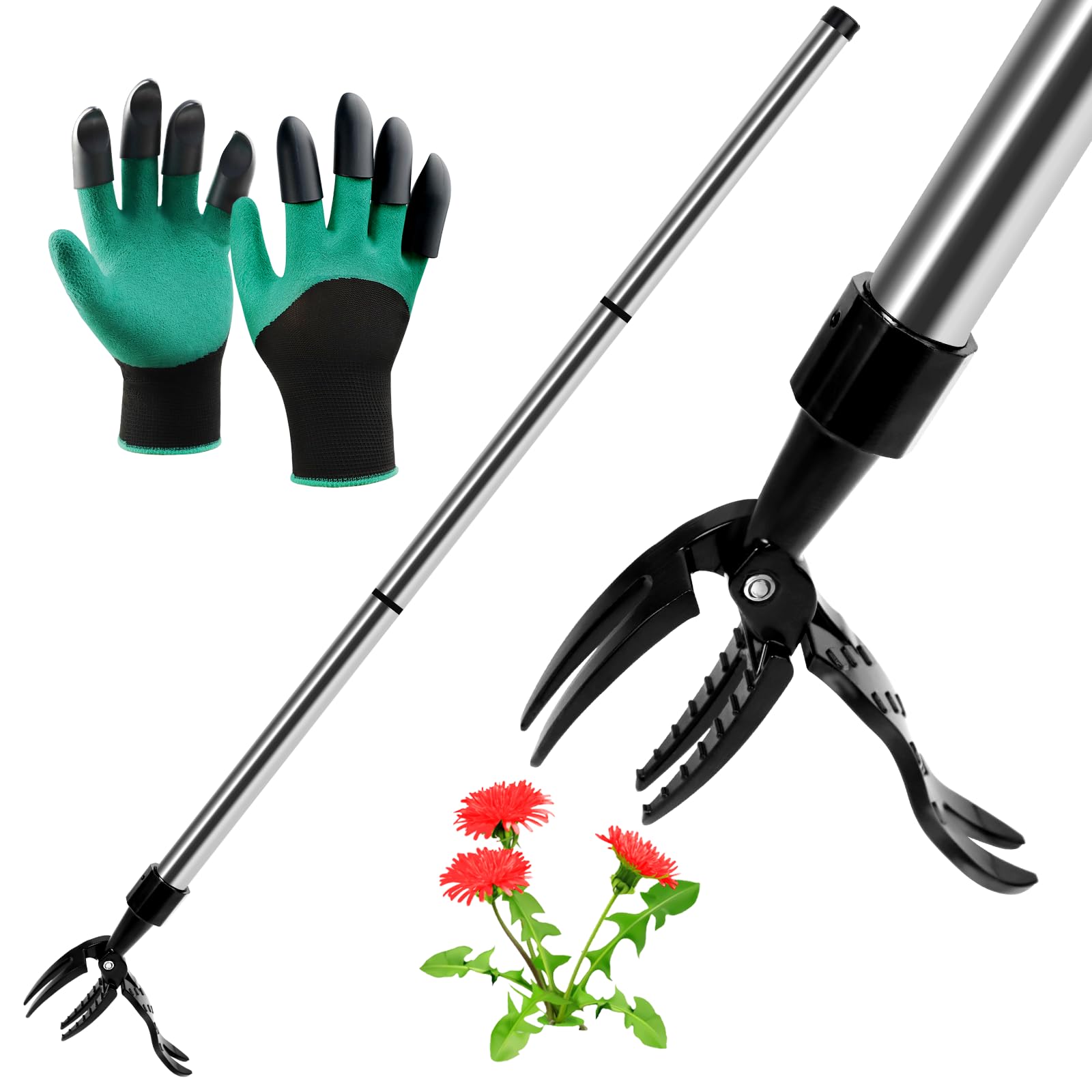 ELECROW Weed Puller Tool, Stand Up Stainless Steel Weeder Hand Tool, Long Handle Garden Weeding Tool with 4 Claws, Weed Remover Tool - Easily Remove Weeds