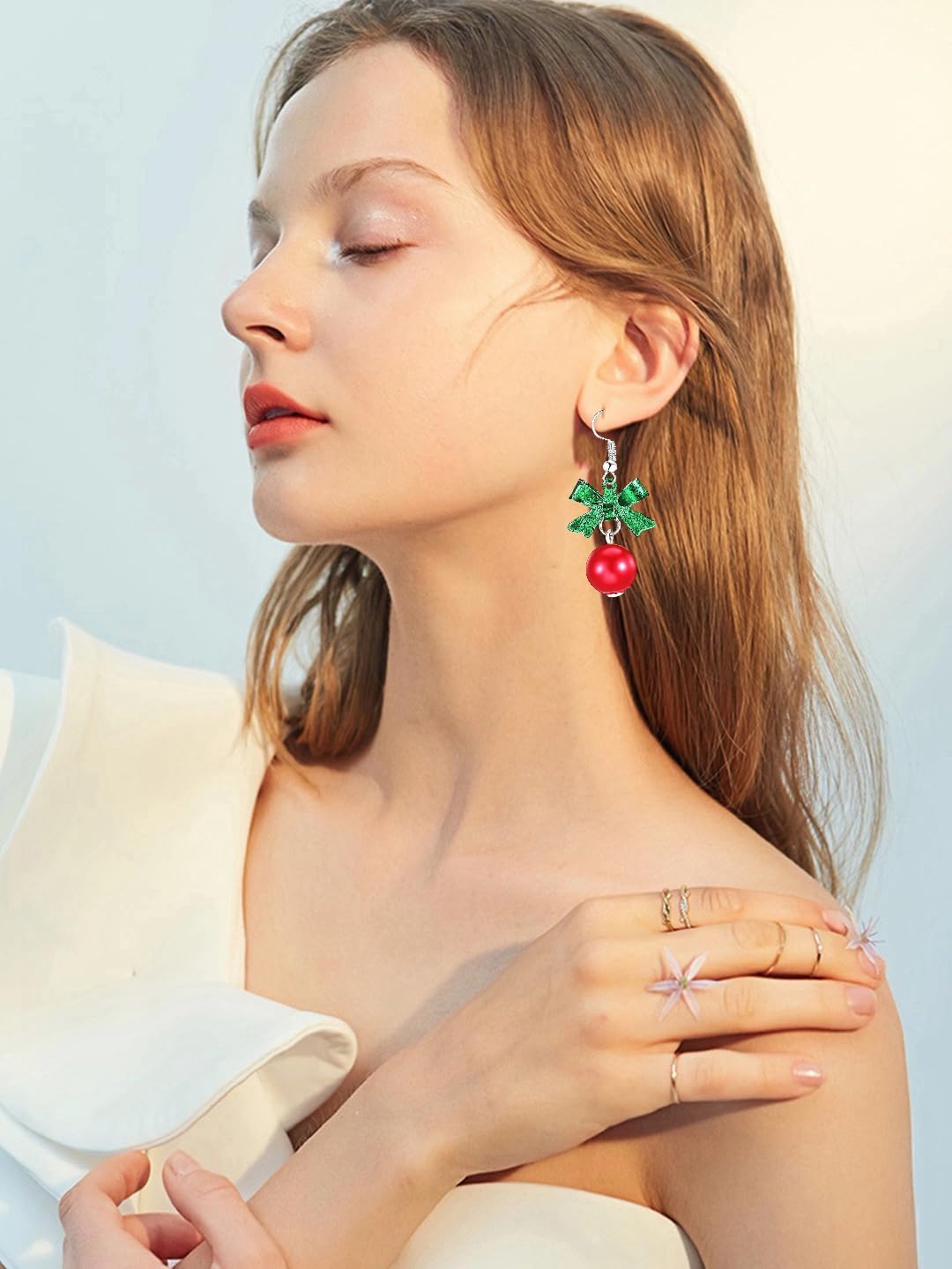 Christmas Earrings for Women, Ribbon Bow Festive Red Green Ball Dangle Drop Earrings for Women Bowknot Fish Hook Dangling Hypoallergenic Christmas Festival Jewelry Gifts - Image 4