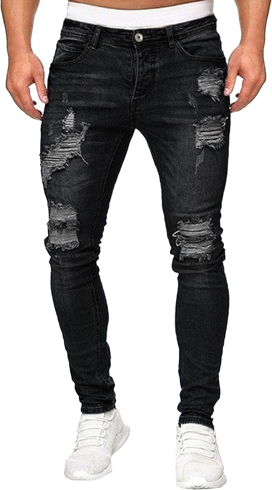 Men's Distressed Zipper Destroyed Jeans Punk Gothic Mid Waist