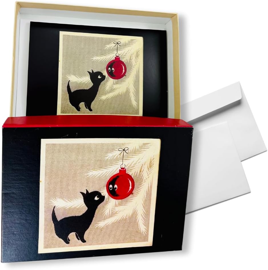 Cat with Christmas Tree Ornament, 1960- Boxed Winter Holiday Cards with Envelopes- 15 Count- Vintage Feline Art- Ideal for Home and Office