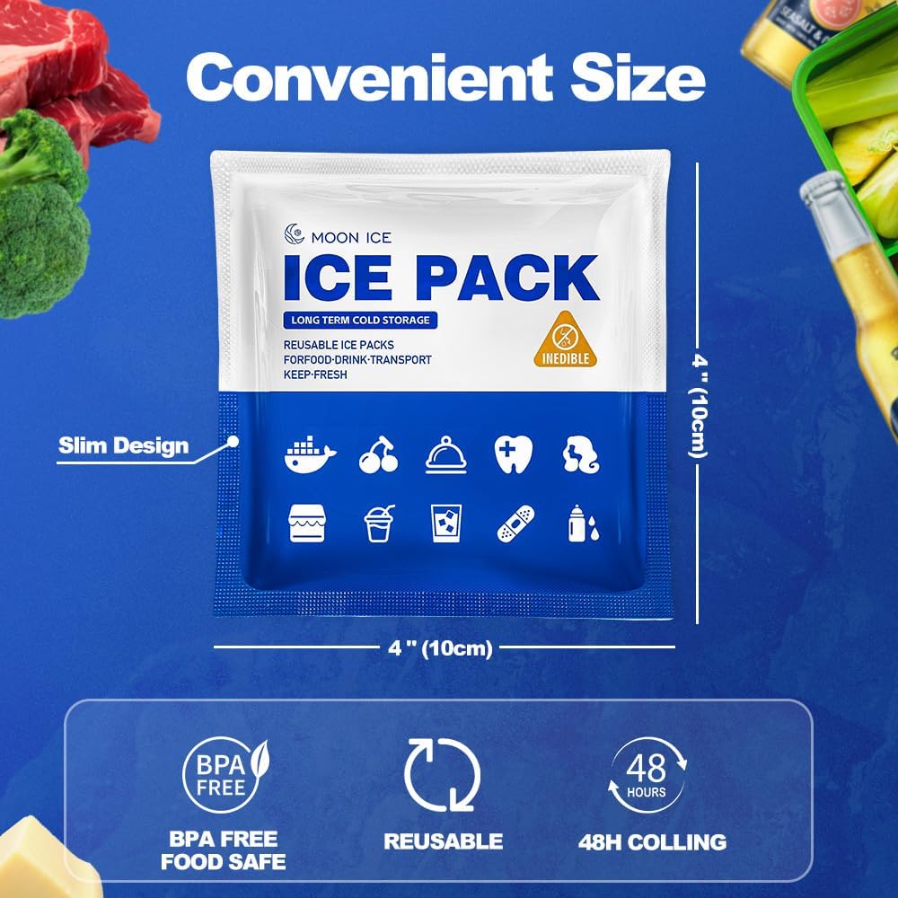 Blue Ice Packs for Coolers, Shipping and Lunch Box, Slim Size Long-Lasting Reusable Ice Pack, 4" x 4" Cold Gel Freezer Packs for Camping, Beach, Fishing, Shipping Food