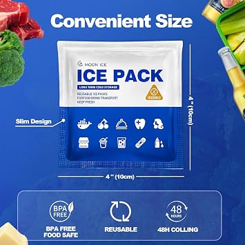 Blue Ice Packs for Coolers, Shipping and Lunch Box, Slim Size Long-Lasting Reusable Ice Pack, 4 x 4 Cold Gel Freezer Packs for Camping, Beach, Fishing, Shipping Food