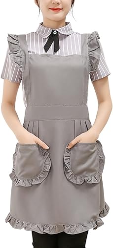 Miniatura 1 de Lindos delantales de cocina retro delantales de cocina delantales ajustables con volantes para cafetería, tienda, horneado, jardinería