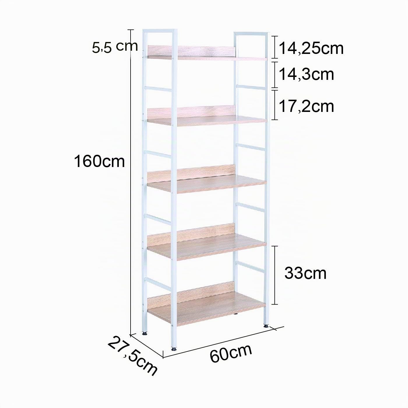 eSituro Estante para Piso de Metal de Cocina | Almacenamiento Organizador Multifuncional para Libros Plantas con 5 Estantes Metal + MDF 60x27,5x160CM SSTR0023