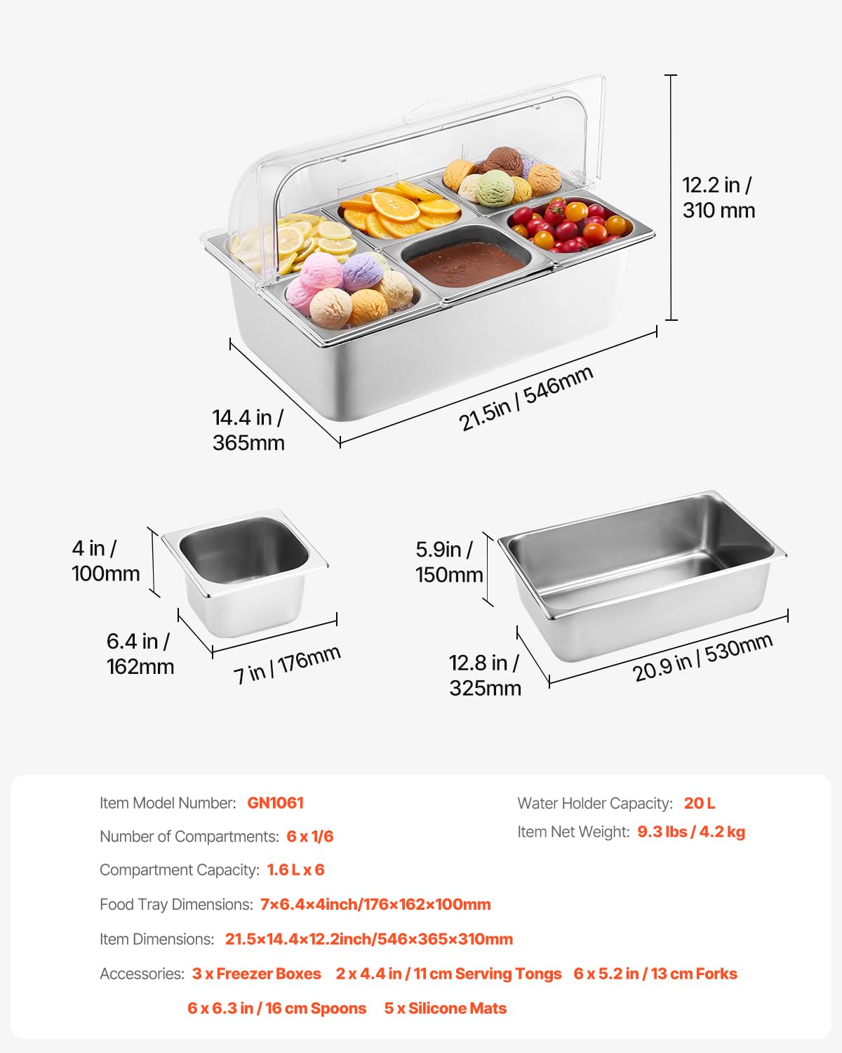 VEVOR Saladette Réfrigérée à Poser avec 6 Plateaux en Acier Inoxydable, Vitrine Réfrigérée Comptoir avec Couvercle Transparent et 3 Bacs à Glaçons, pour Buffert Restaurant Hôtel Cuisine Fête