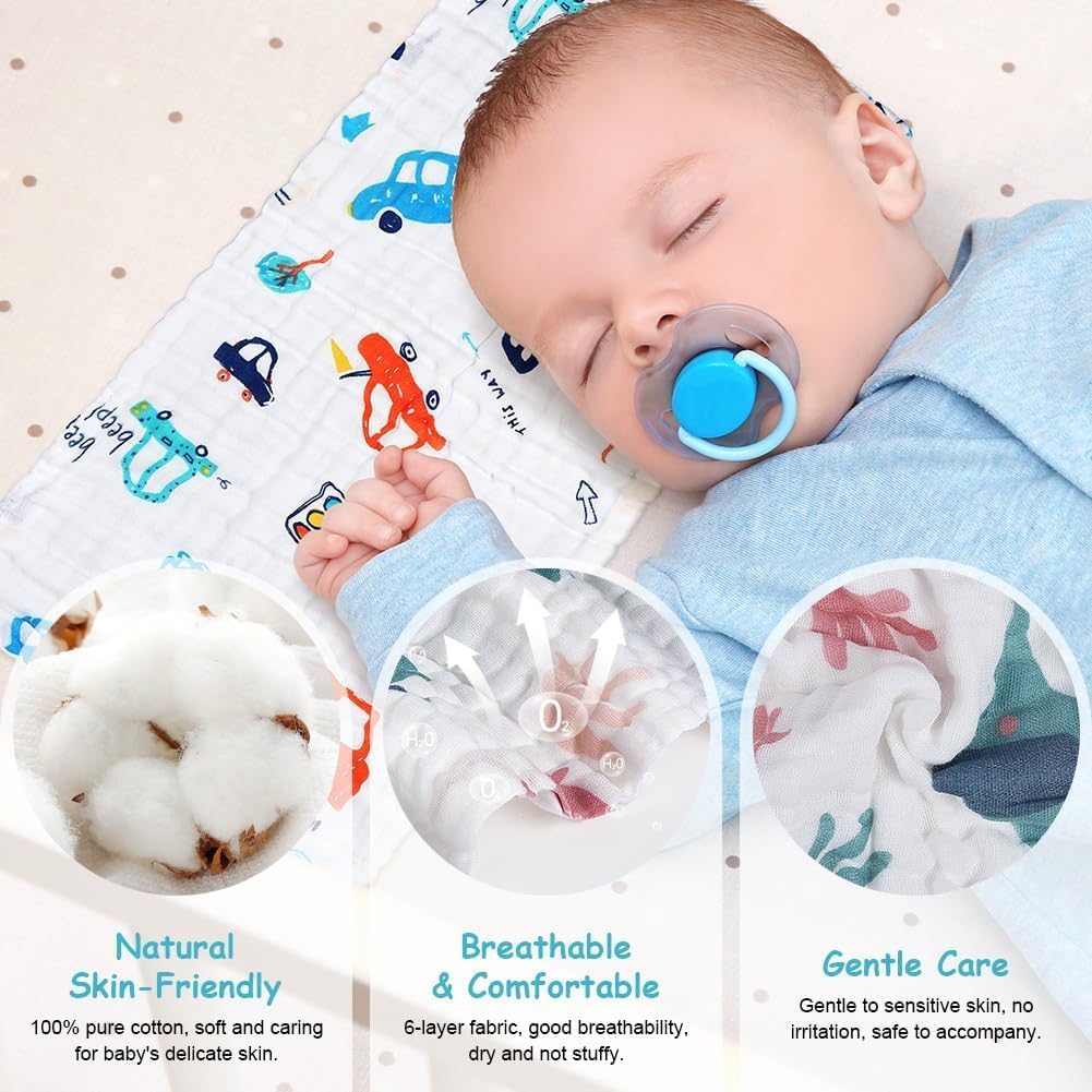 Wickston 100% Cotton Muslin Baby Burp Cloth 50 × 25 cm | 6-Layer Soft & Absorbent Gauze Towel for Newborns & Adults | Multi-Print Face Towel for Feeding & Daily Use (4, White Printed (50 x 25 CM)) 4
