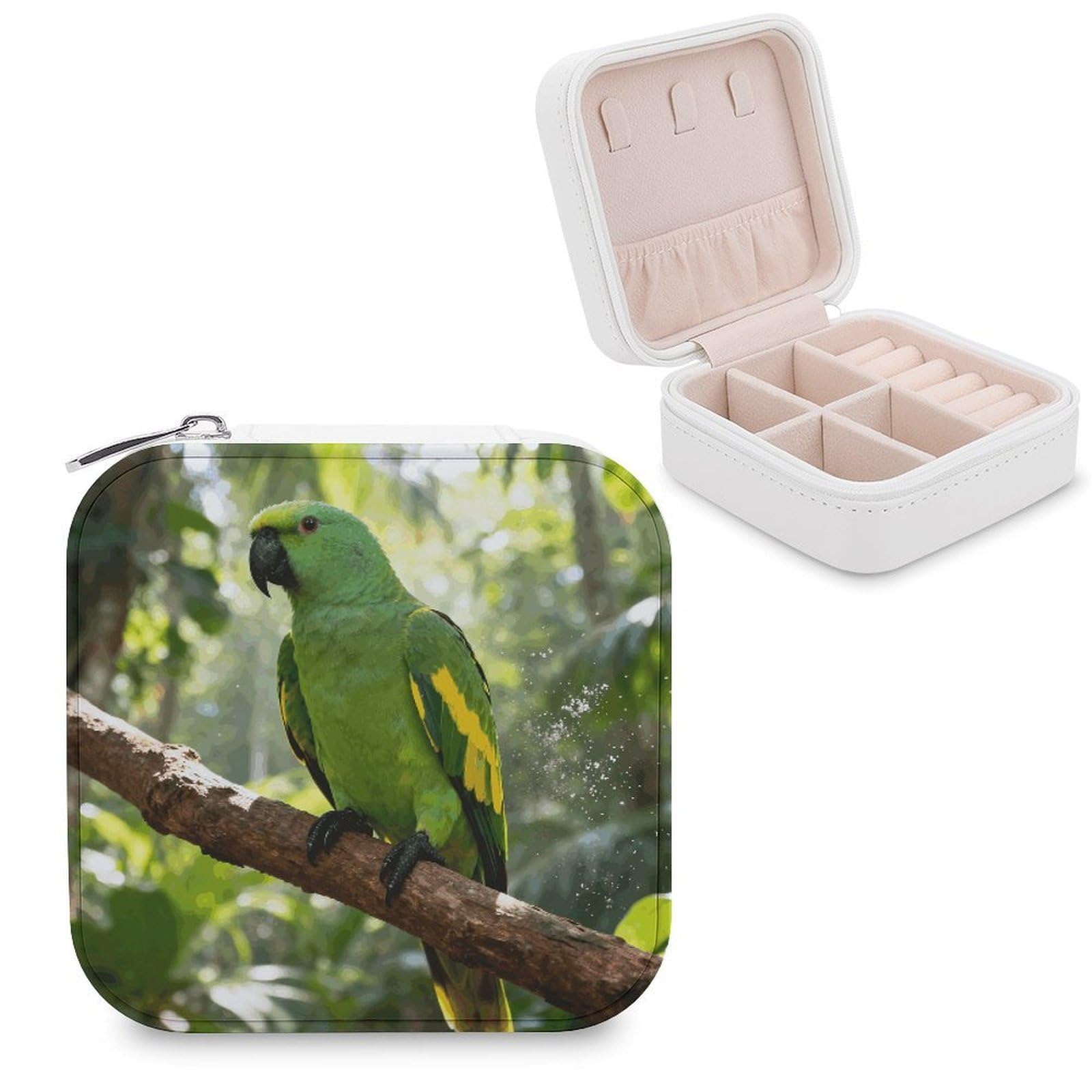 FekiLoot Rainforest Green Parrot Jewelry Box Exquisite Jewelry Organizer Silver Gold Trinket Storage Case Multi Compartments Cute Earrings Ring Necklace Holder For Woman Household Gift