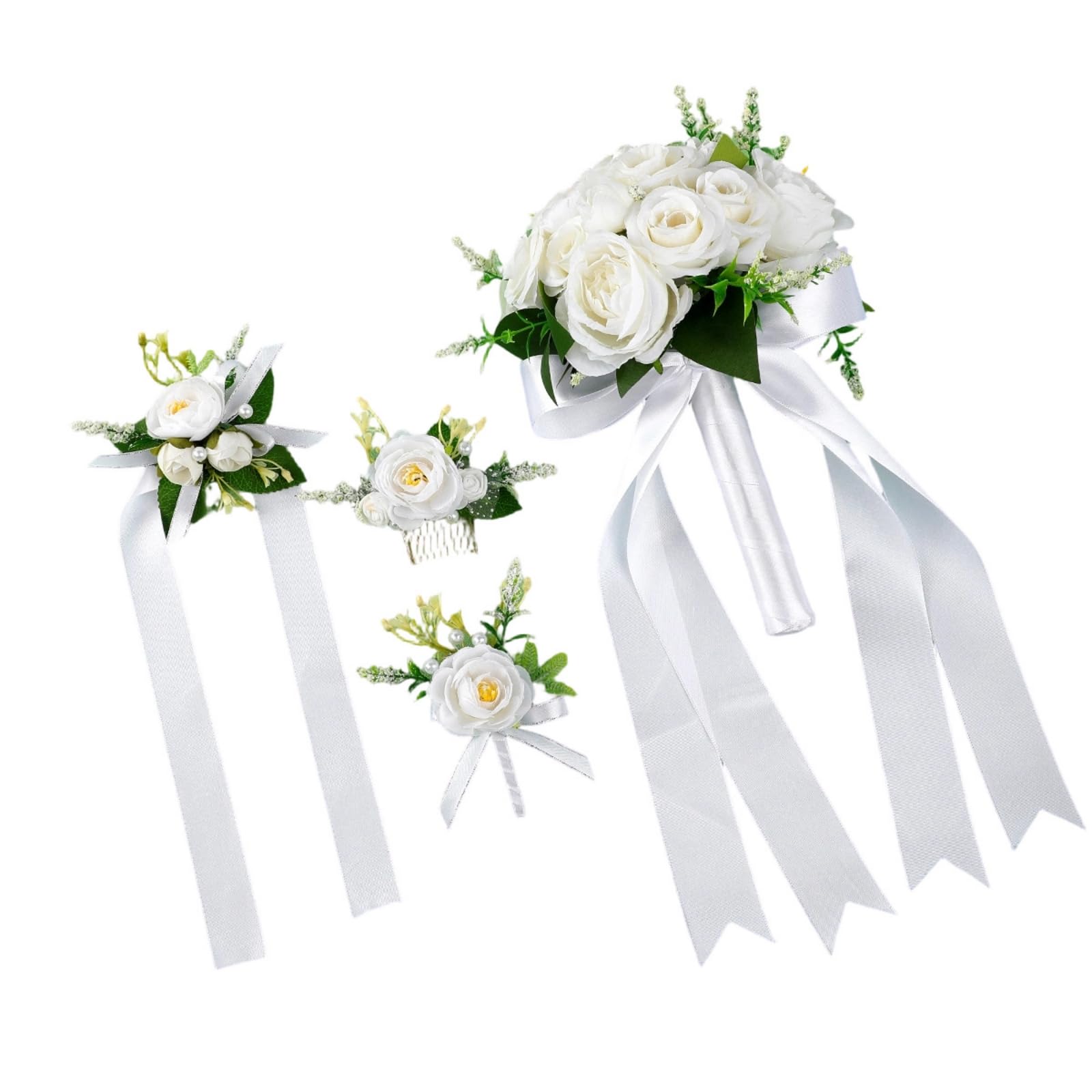 4 Pezzi Bouquet Nuziale Fiori Artificiali Set Matrimonio Composizione Floreale Boutonniere Polsiera Pettinino Leggero con Pettine Metallo Spille