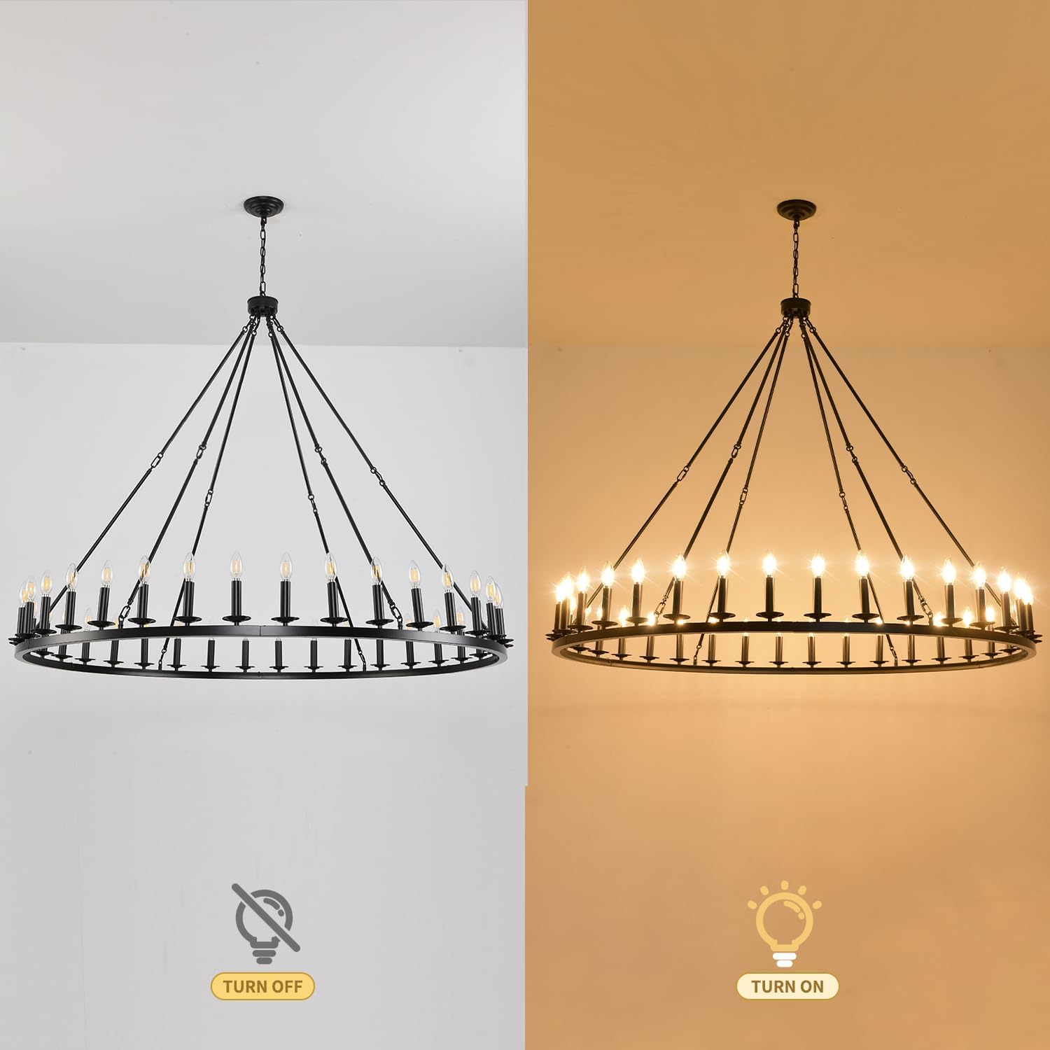 Black Wagon Wheel Chandelier 60-Inch 36-Light,Extra Large Circle Rustic Farmhouse Light Fixture,Round Metal Chandeliers for Foyer Entryway Dining Room Living Room High Ceilings (E12 Base)