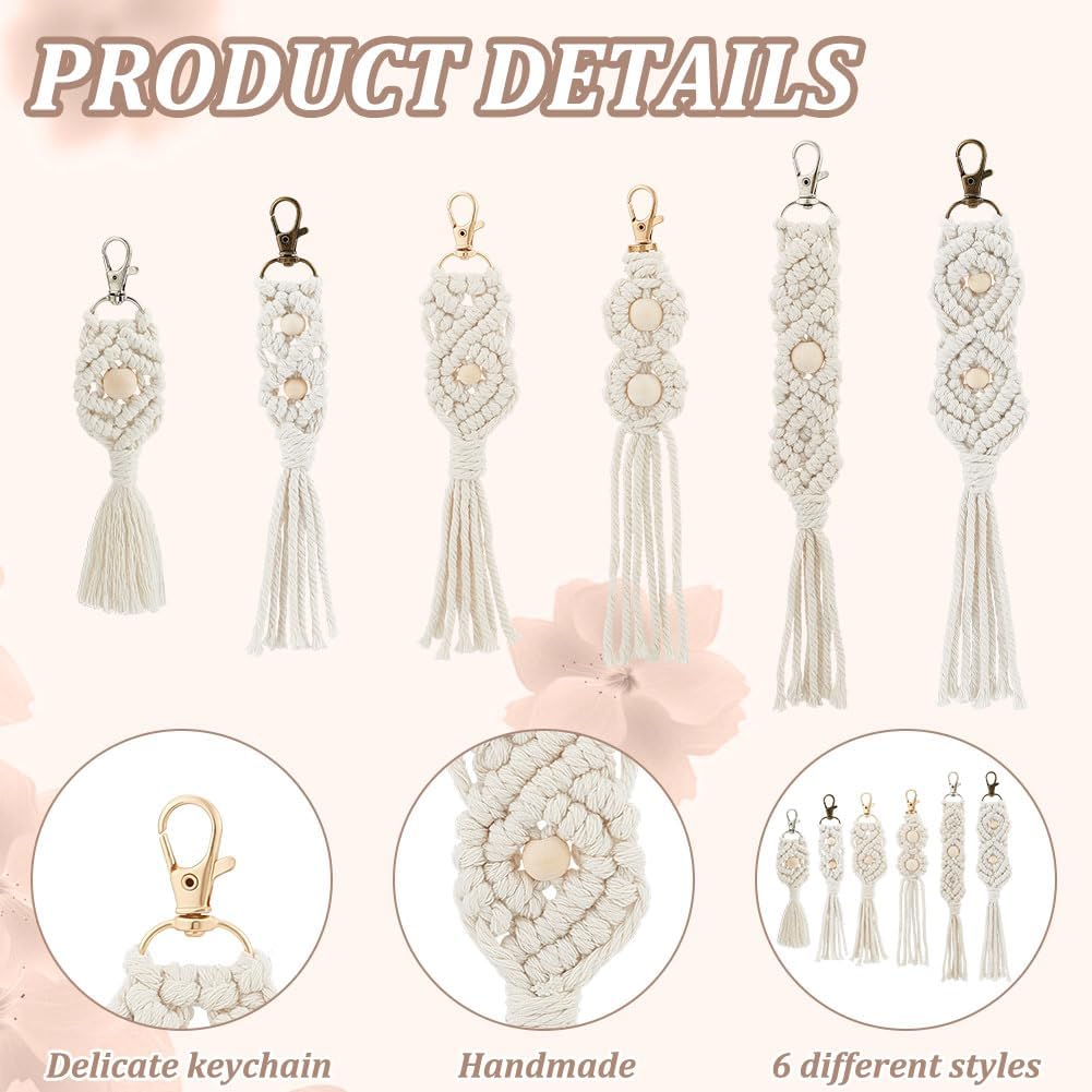 INFUNLY 6PCS Boho White Macrame Keychain Kit Adult DIY Keychain Making Kit Wood Beaded Keychains with Tassel Key Ring for Women for Key Handbags Backpacks Instructions Include - Image 3