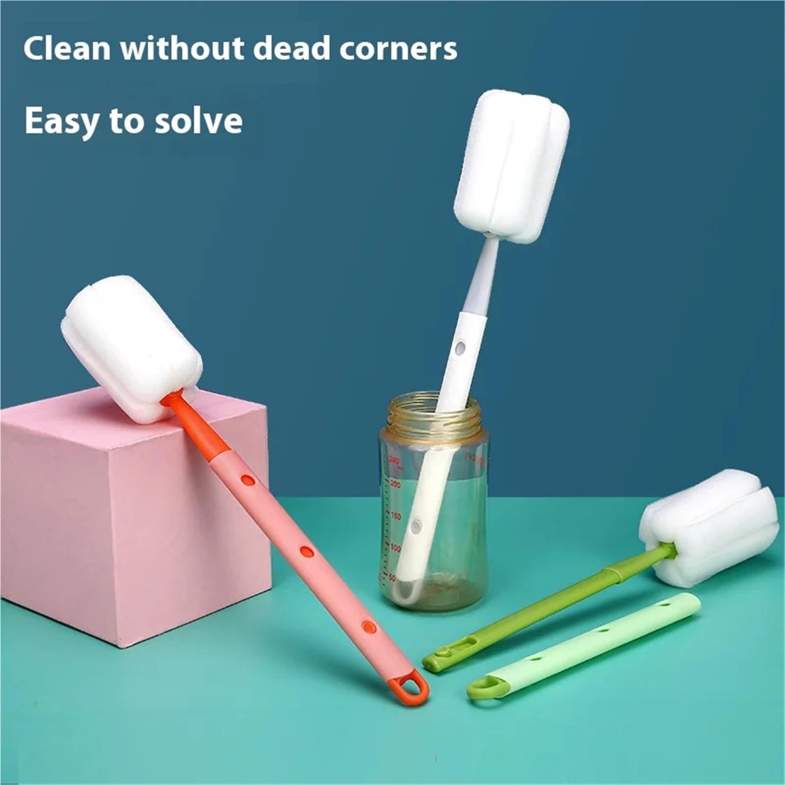 goupillon bouteille Brosse de nettoyage à manche Long réglable, éponge multifonctionnelle for bouteilles en verre, tasses, outils cuisine, usage domestique(WHITE,5PCS)