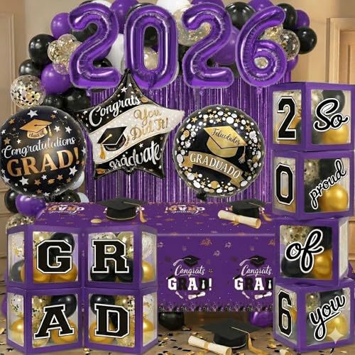 Image of 107 Pcs Black and Purple Graduation Decorations Class of 2025 - Graduation Balloon Boxes, Balloon Arch Garland Kit, Party Decorations 2025 for Any Grades