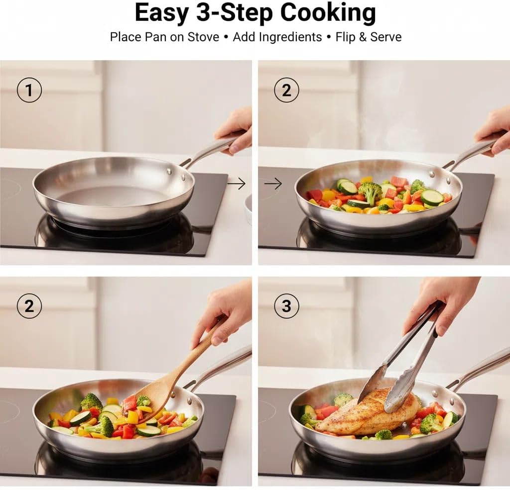 21 Heavy-Duty Stainless Steel Frying Pan – Flat-Bottom Steak Pan – Perfect for Eggs & Pancakes