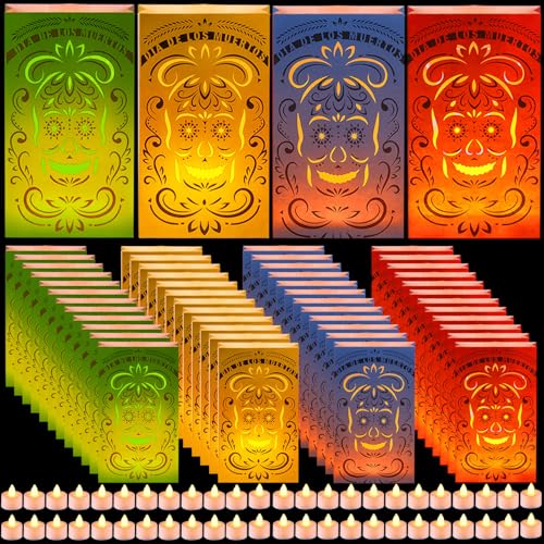 Riakrum 48 Pack Halloween Day of The Dead Luminary Bags with LED Light Papel Picado Mexicano Fiesta Dia De Los Muertos Candy Bag Luminary Skull Gift Goodie for Mexican Halloween Party Supplies