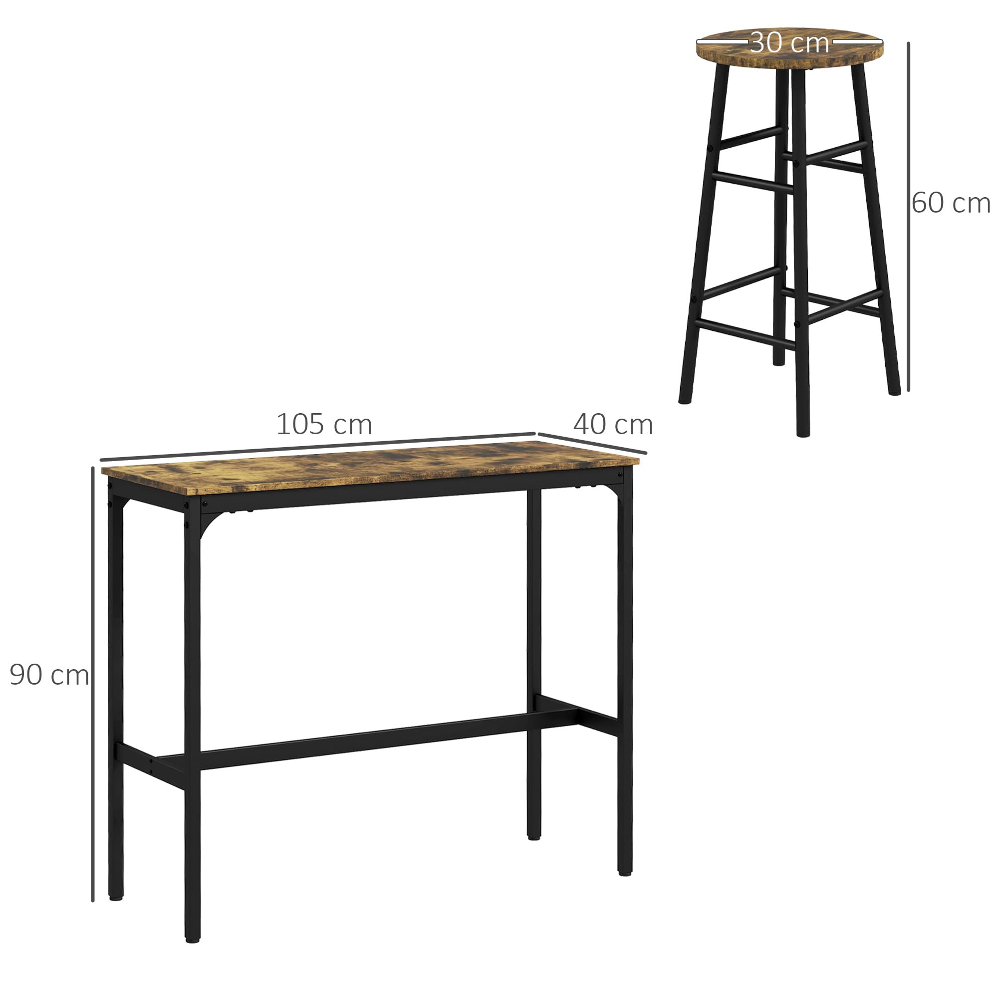 HOMCOM Set Tavolo Rettangolare 4 Posti e Sedie, 4 Sgabelli Poggiapiedi in MDF e Acciaio, Poggiapiedi Ø30x60 cm e Tavolo Rettangolare 105x40x90 cm, Nero e Marrone