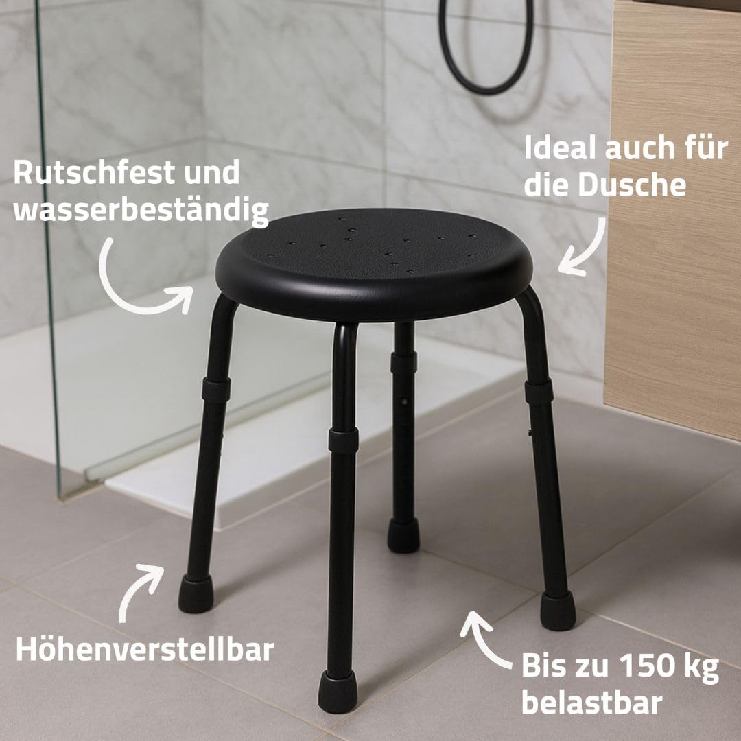 RIDDER – Bad-Hocker Go, Ø 50x34,9-52,5cm, schwarz, Aluminium/PE/TPR | Höhenverstellbarer Duschhocker mit rutschhemmender Sitzfläche. Stabiler Badehocker | Belastbar bis 150kg