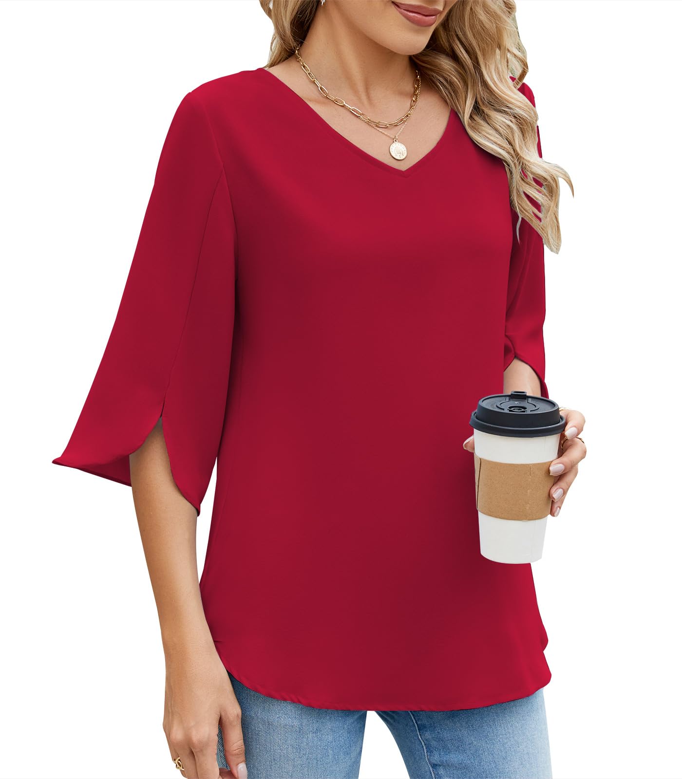 Zetieny Blusa Mujer con Cuello en V Elegante Camisa de Manga 3/4 Túnica Tops Casual de Verano Color Liso