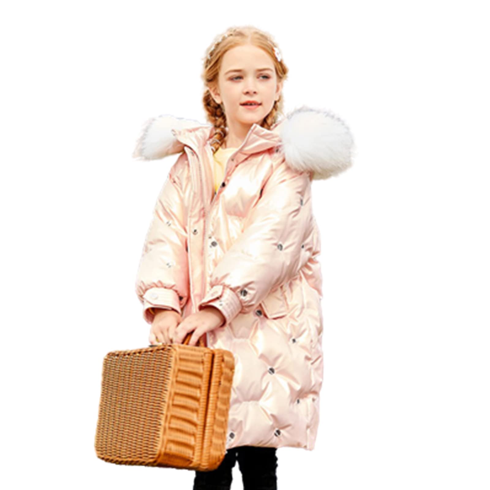 Piumino D'Anatra Bianca con Cappuccio Invernale per Bambini di Media Lunghezza Giacca Calda da Bambina Modello Spaziale Dolce Ed Elegante Grande Pelliccia Lucida,Pink,7T(130CM)