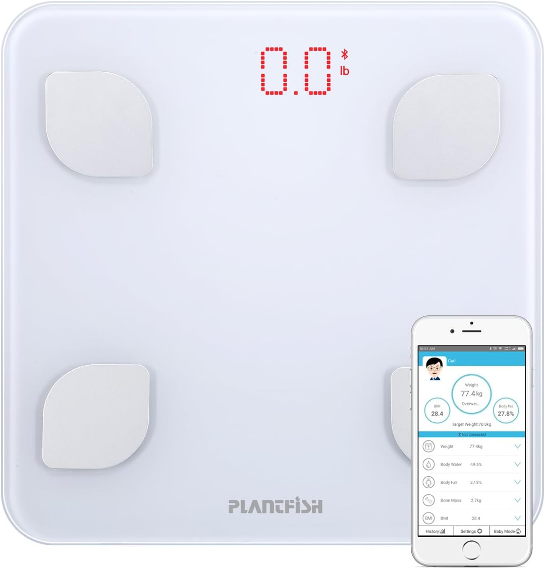 Body Fat Scale –8 Index body composition, Bluetooth 4.0 Connection, Compact Design, including 3xAAA battery, 1Year Warranty (White)