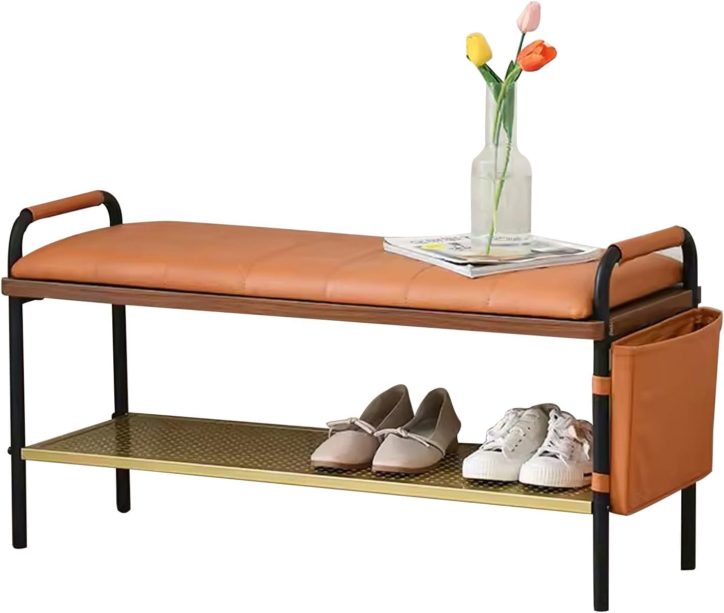 2-Tier Shoe Storage Bench for Entryway, Hallway Shoe Rack Bench, Synthetic Leather End of Bed Bench with Side Storage Bag, Metal Frame