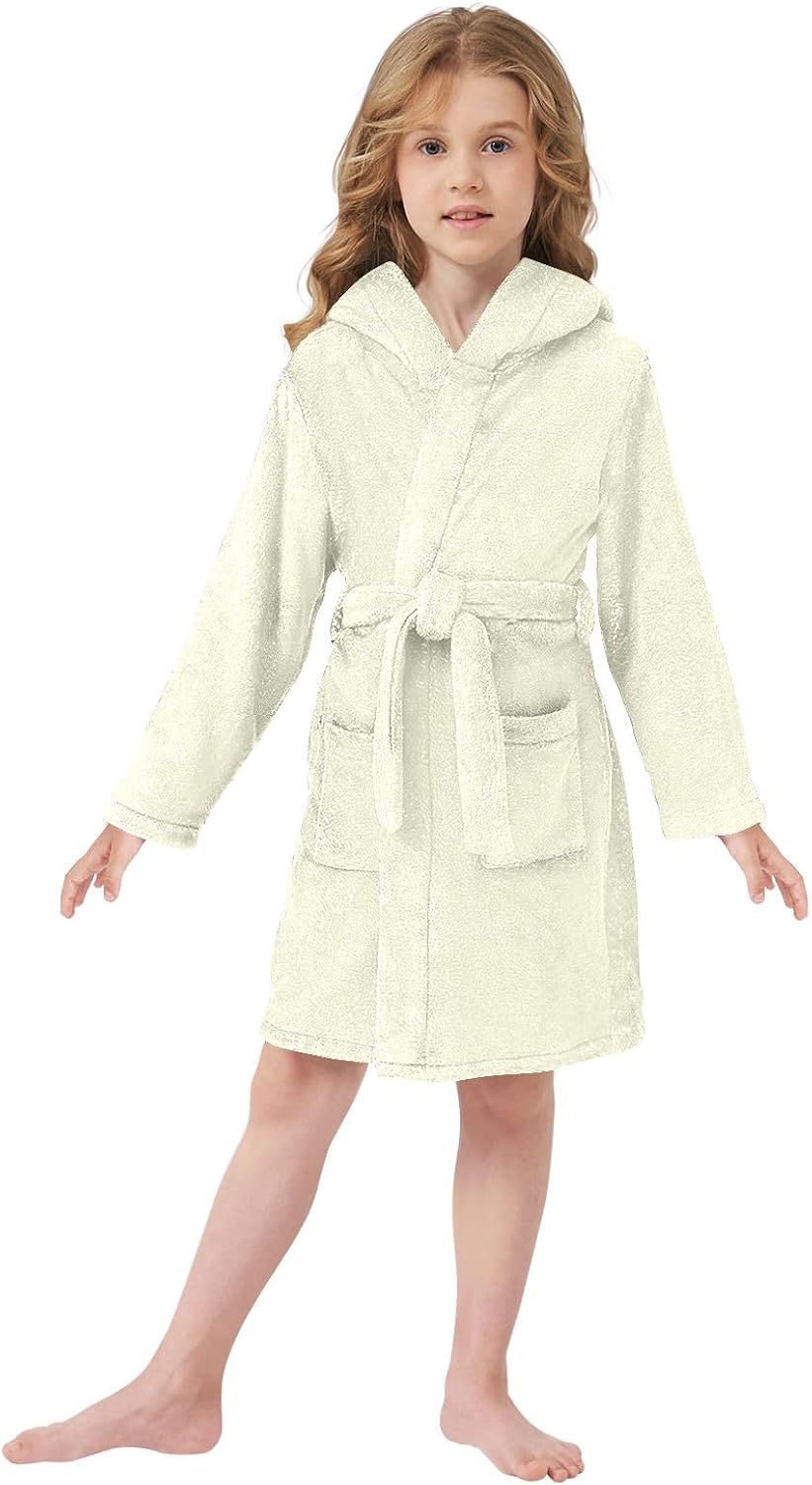 ODAWA Light Yellow Kids Bathrobe, Soft Plush Hooded Towel Robe for Boys Girls, Quick Dry Bath Wrap with Pockets