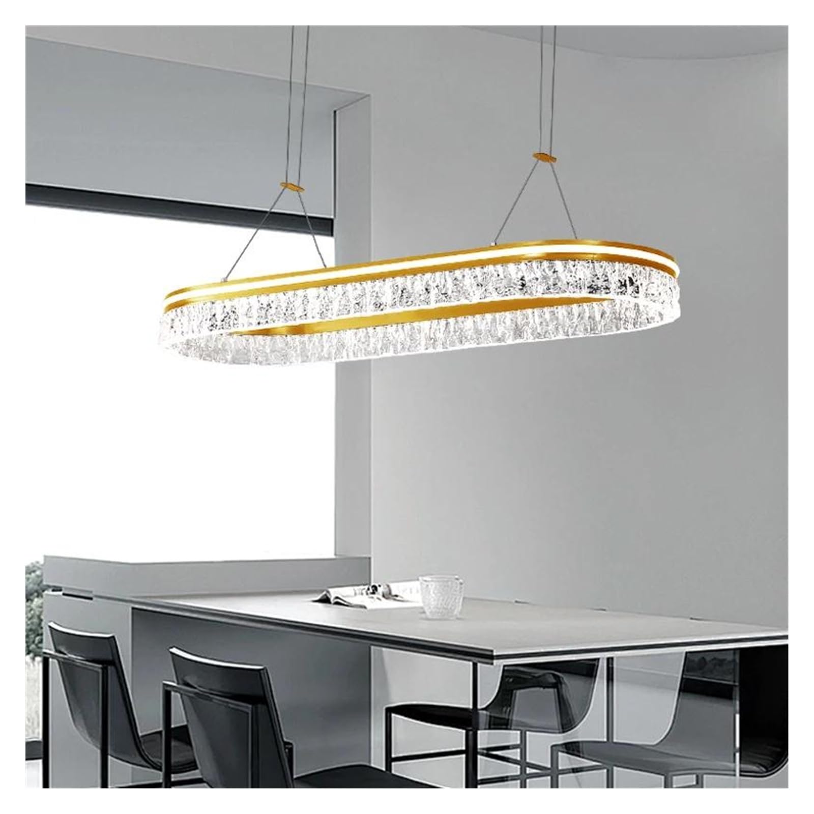 ASerZenith Modern Chandelier Minimalist Long Strip Restaurant Pendant Lamp Cafe Dining Table Led Fixtures Transparent Indoor Lighting,Hanging Light,Gold-Dimmable With Remote