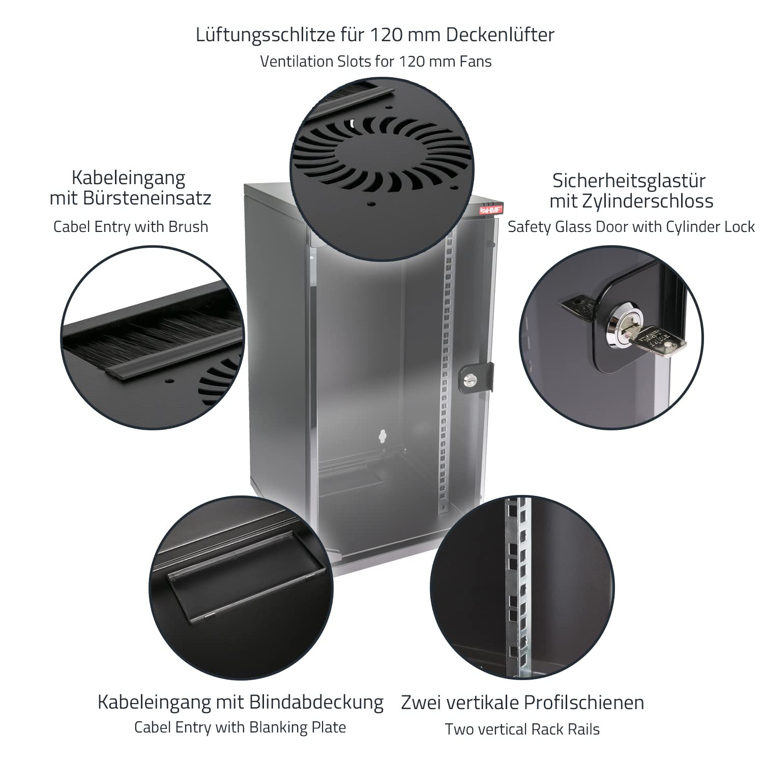 HMF 63412-02 Armario para servidores de 10 pulgadas, 12 U, 300 mm de profundidad, totalmente montado, puerta de cristal, color negro