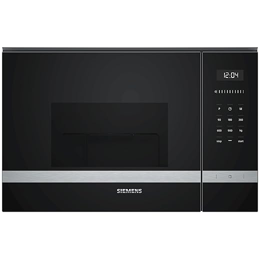 Siemens BE555LMS0 iQ500 - Microondas integrable, 38 cm, 25 L, 900 W, Grill 1200 W, Color negro y acero inoxidable