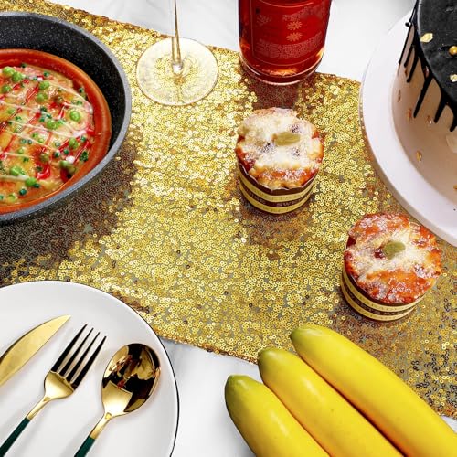 Image of Irenare 2 Pcs White and Gold Tablecloth and Sequin Table Runner Set Polka Dots Confetti Table Cover Dining Plastic Tablecloths Glitter Decorations for Birthday Wedding Anniversary Party Supplies