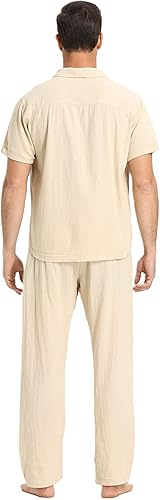 Miniatura 3 de RPOVIG Conjunto de camisa de lino y pantalones conjuntos de lino de 2 piezas para hombre, camisas de manga corta, pantalones de yoga, trajes de