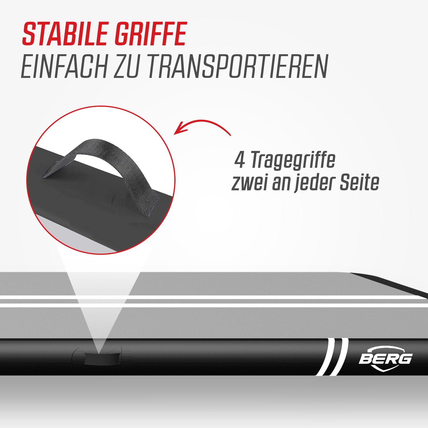 BERG AirTrack Home | Mit Elektrischer Luftpumpe und Tasche | Yogamatte | Tumblingmatte | Verschiedene Größe | Schwarz/Grau