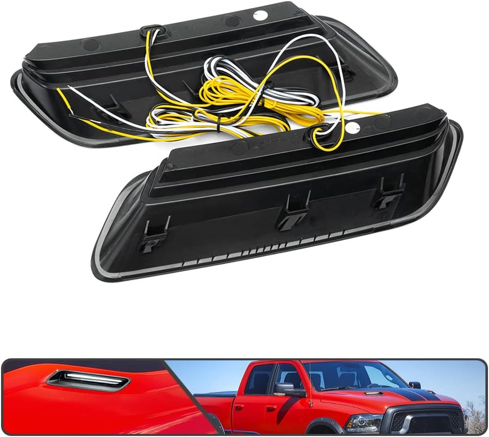 2Pcs White&Amber LED Hood Scoop Light for 2010-2018 Ram 1500 Sport Hood Air Flow Vent Grille Lamp with DRL Turn Signal Lights Functions Smoked Lens