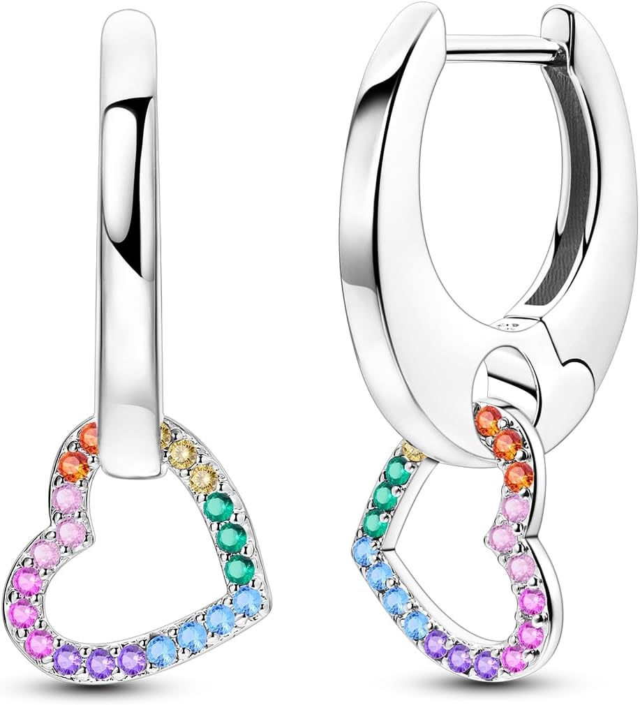 NARMO 925 Sterling Silver Heart Earrings for Women Pink Dangle Hoop Earrings Colorful Cubic Zirconia Earrings Silver Hoops Jewelry Gifts