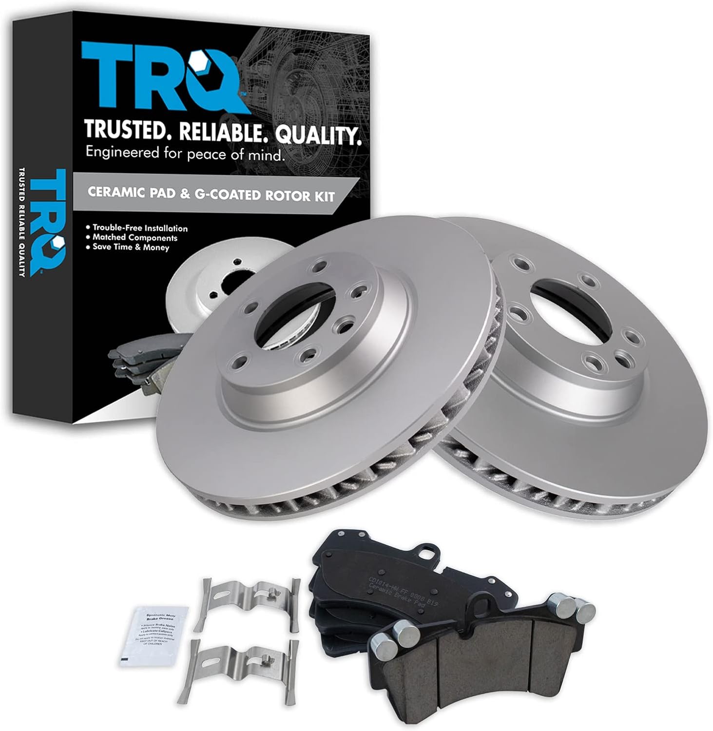 TRQ Front Brake Pad & Rotor Kit Brake Pads Brake Rotor Ceramic Premium G-Coated Compatible with 2007-2015 Audi Q7 2003-2010 Porsche Cayenne 2004-2008 Volkswagen Touareg