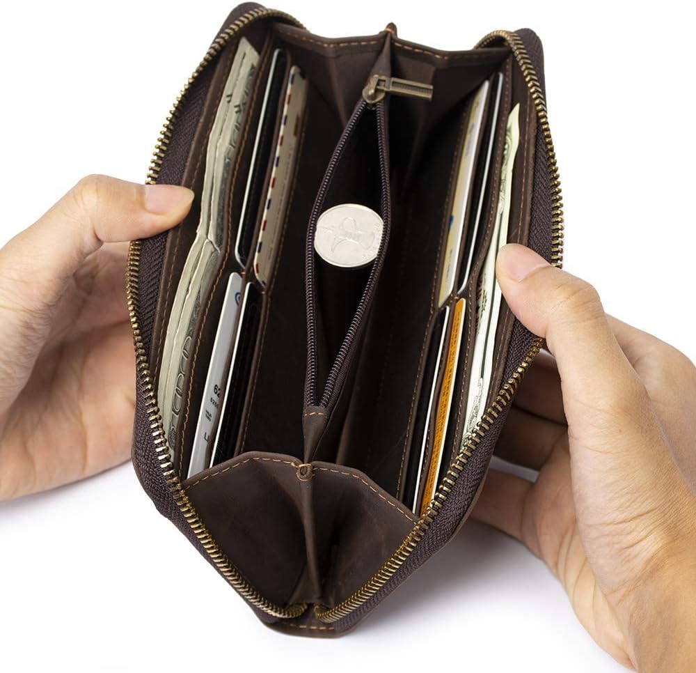 メンズバッグレザー 牛革メンズクラッチ財布クレイジーホースレザーファッションメンズロング財布ジップコインポケット付き 財布メンズ (
