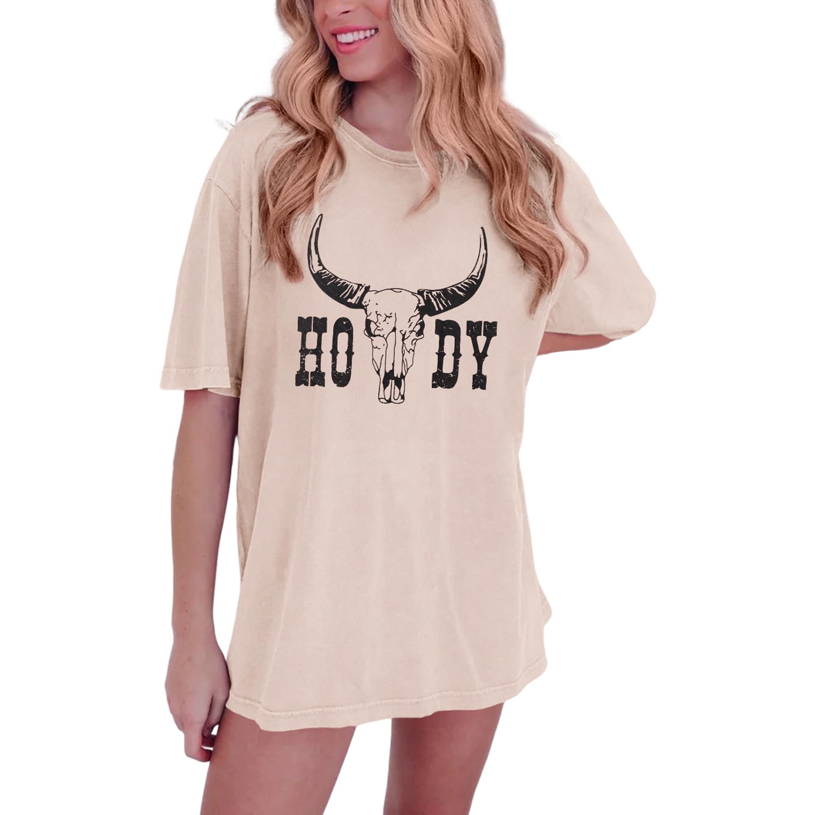 IZYJOYHowdy Country Oversized T Shirt Women Southern Boho Cow Skull Rodeo Shirts Western Cowgirl Tee Vintage Cowboy Tops