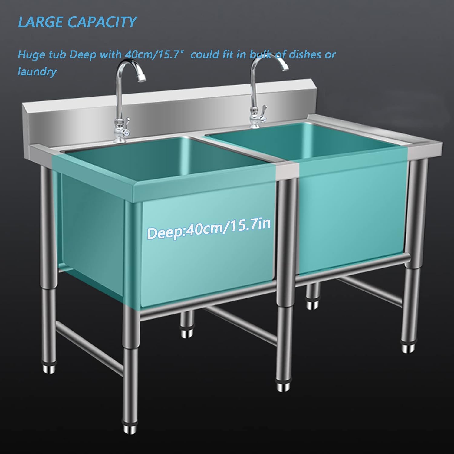 Freestanding Stainless Steel Sink, Stainless Steel Sink Washing, Commercial/Industrial Sink, Prep & Utility Washing Hand Basin for Laundry,120X60X80cm/47.2