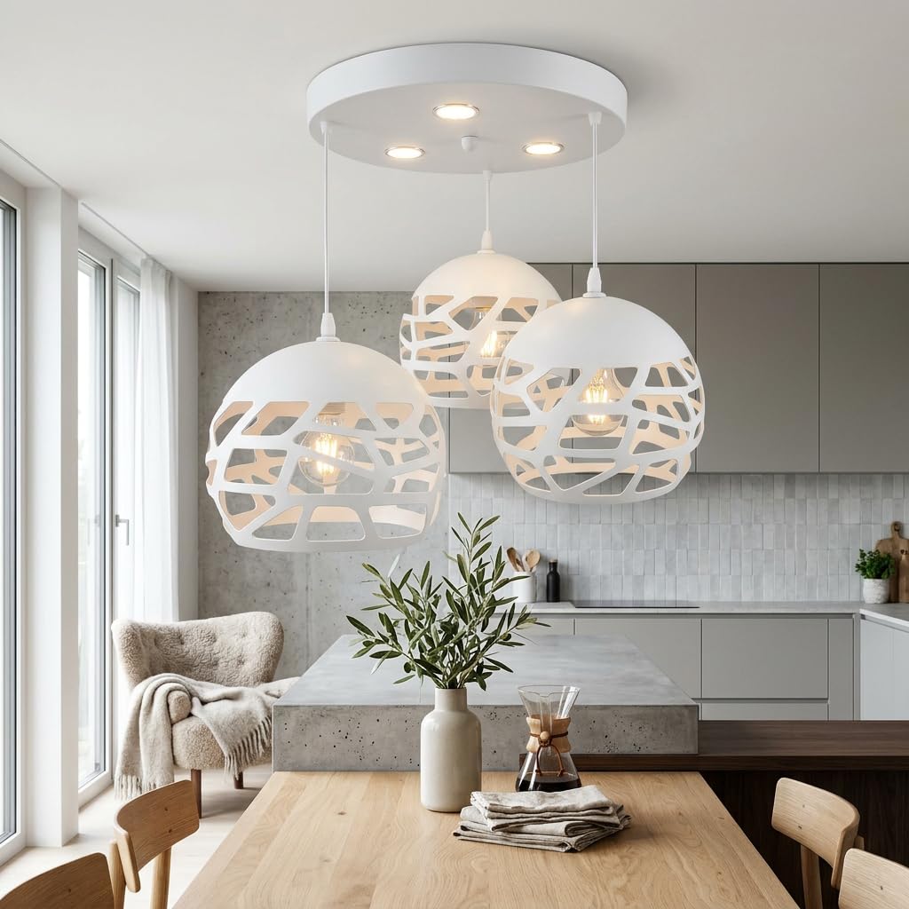 MAKA Lampadario a Sospensione Soffitto 3 Lampade E27 Sospese Moderno Regolabile per Camera da Letto Cucina Soggiorno Plafoniera LED Integrati Illuminazione Interna Design Contemporaneo Elegante Casa