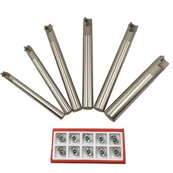 90 Degree 6pcs BAP300R End Mill Holders with 10pcs APMT1135 Milling Inserts for Quenched Steel,Shank Diameter Cutting Diameter 0.4in-0.8in,Overall Length 4.7in-6in R0.8