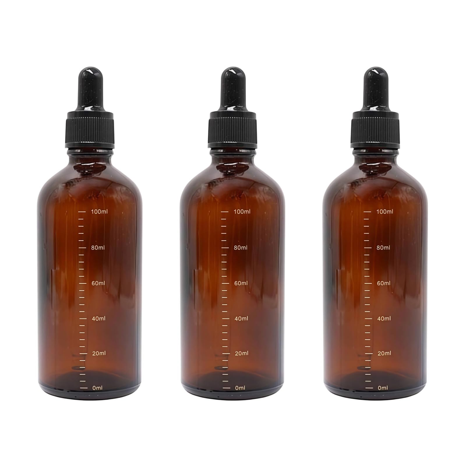 QUUPY Botella de vidrio ámbar con cuentagotas de vidrio, recargable, escala graduada, difusor de aceite esencial, mezcla de aceite de belleza, paquete de 3, 100 ml