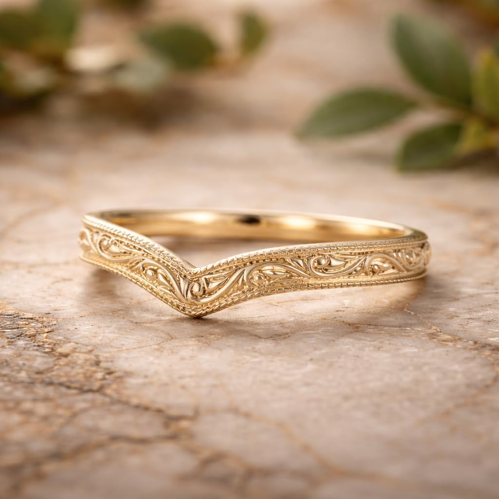Vintage V Shaped Gold Band Ring for Women, Curved Chevron Wedding Band, Filigree Stackable Ring, Minimalist Bridal Ring Enhancer Gift