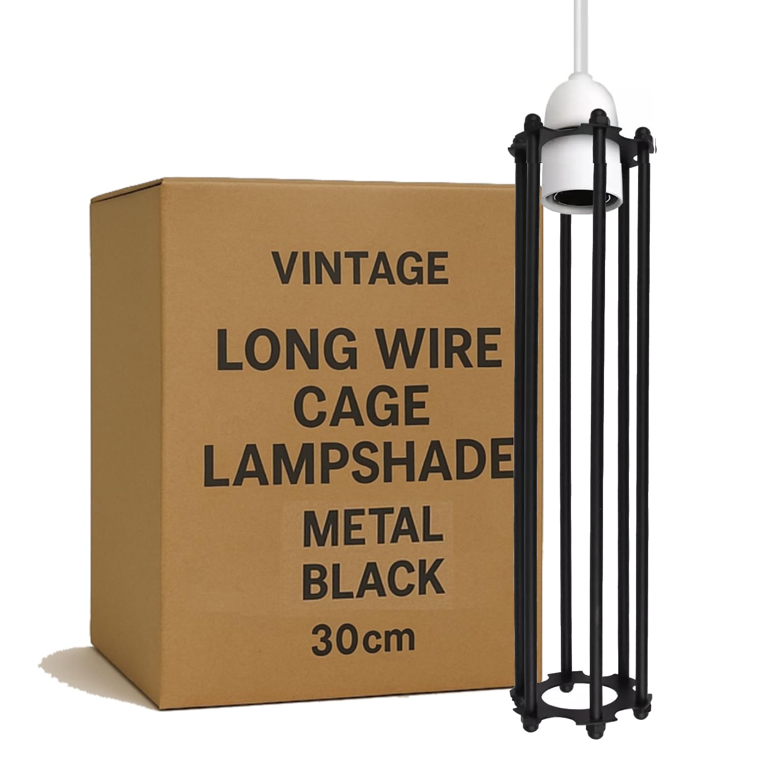 LEDSONE Vintage Long Wire Cage Lampshade Metal Black 30cm Industrial Square Bulb Guard Geometric Light Shade Fixture with Reducer Plate for Hanging Pendant Lights Dining Room Cafe Restaurant